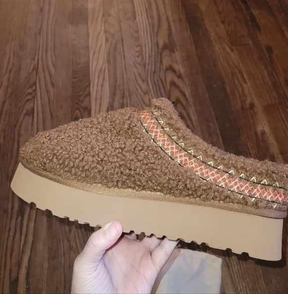 UGG Tazz Braid platform slippers Curly Brown Fuzzy Mules Clogs Womens Sz 12 Nwob